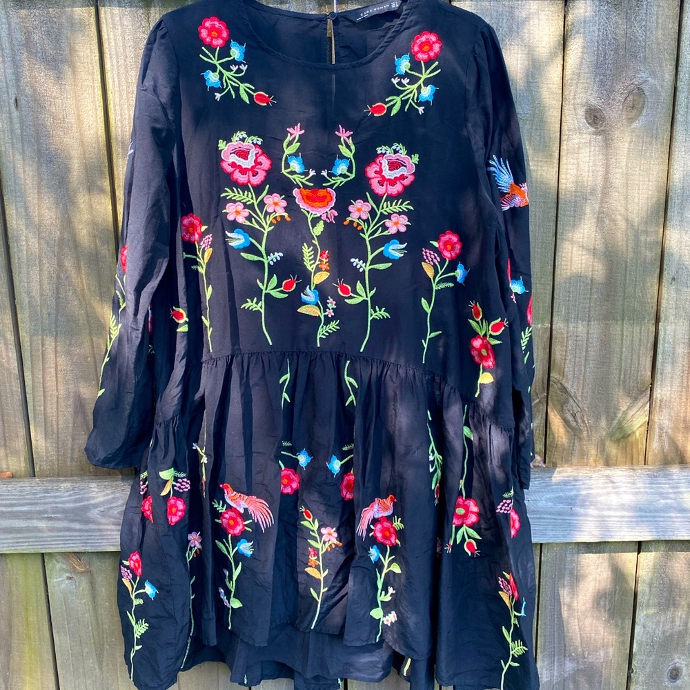 Zara Black Floral Embroidered Dress